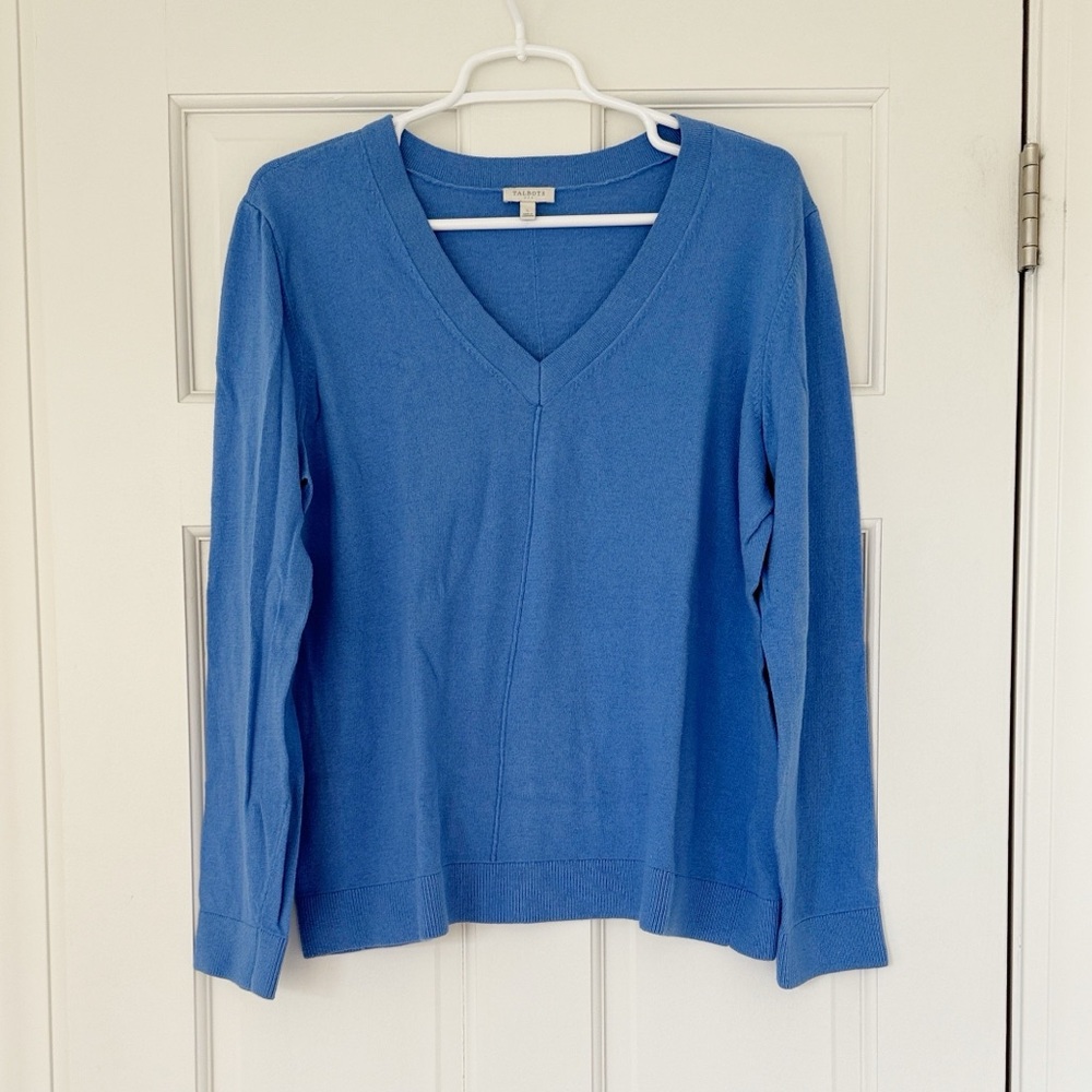 TALBOTS v-neck sweater size L blue knit cotton blend stretch